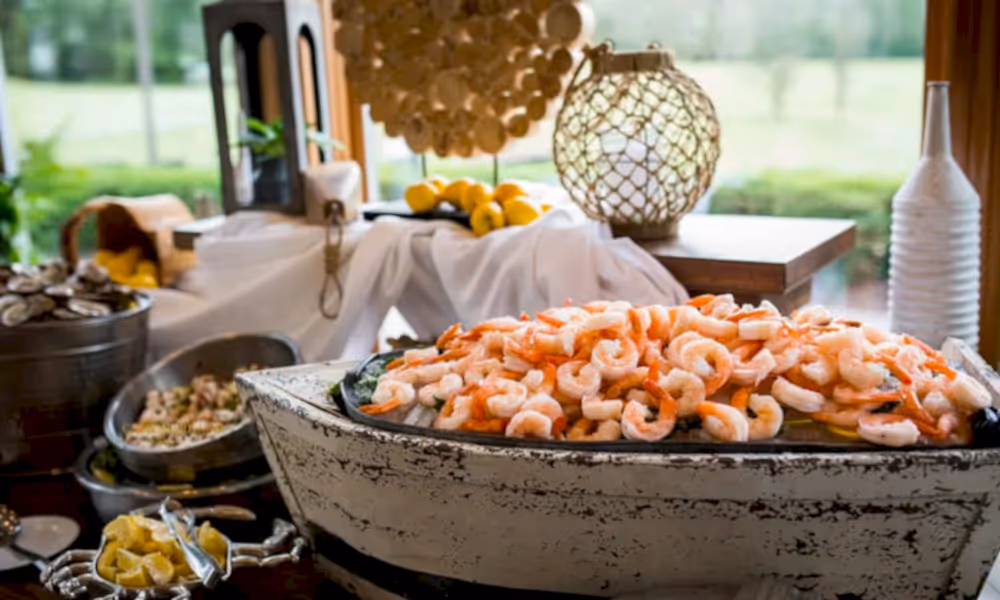 Shrimp buffet at Bear Den Grille during wedding cocktail hour at Black Bear.
